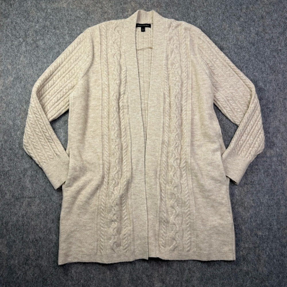 Banana Republic Cardigan Womens Sz L Tan Wool Blend Open Cable Knit Long Sweater